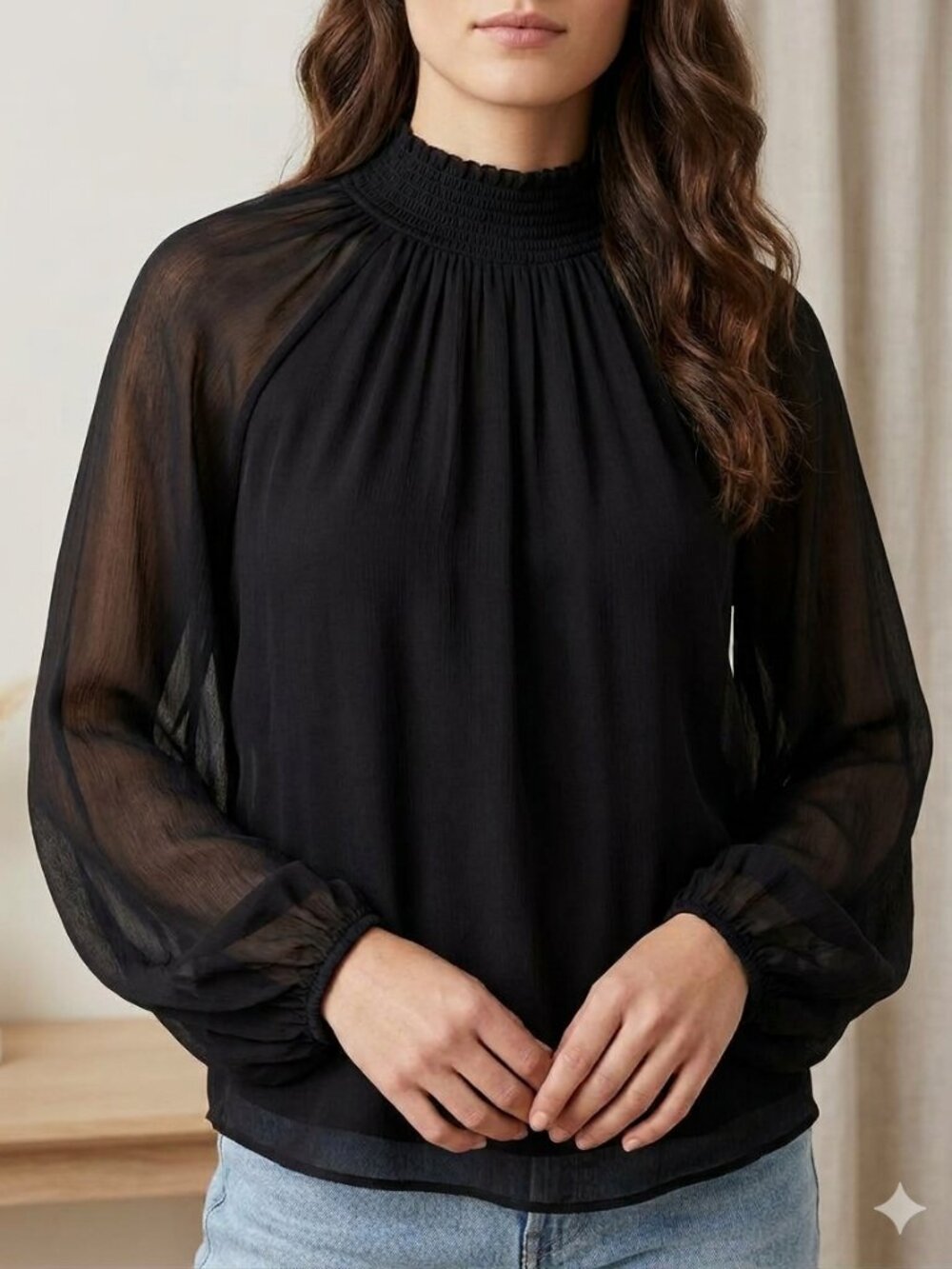 Joie Black Sheer Blouse Balloon Sleeves Small
